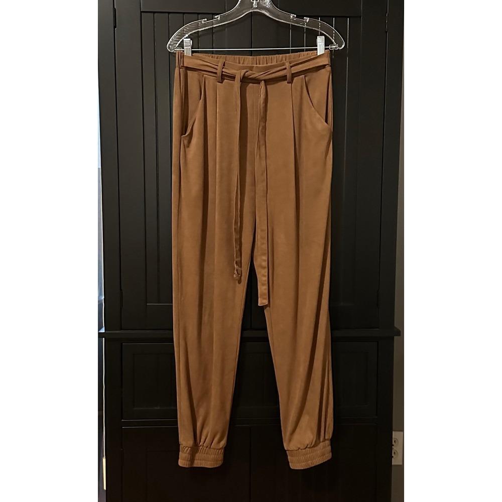 Francesca's Tan Tie Waist Jogger Pants Medium Stretch Casual Lounge Boho